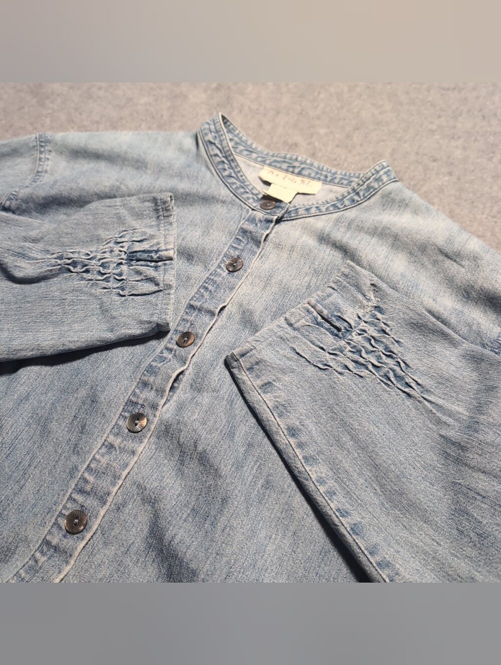 Vintage J. Jill Out of the Blue Denim Shirt S Smocked Collarless Button Up Top
